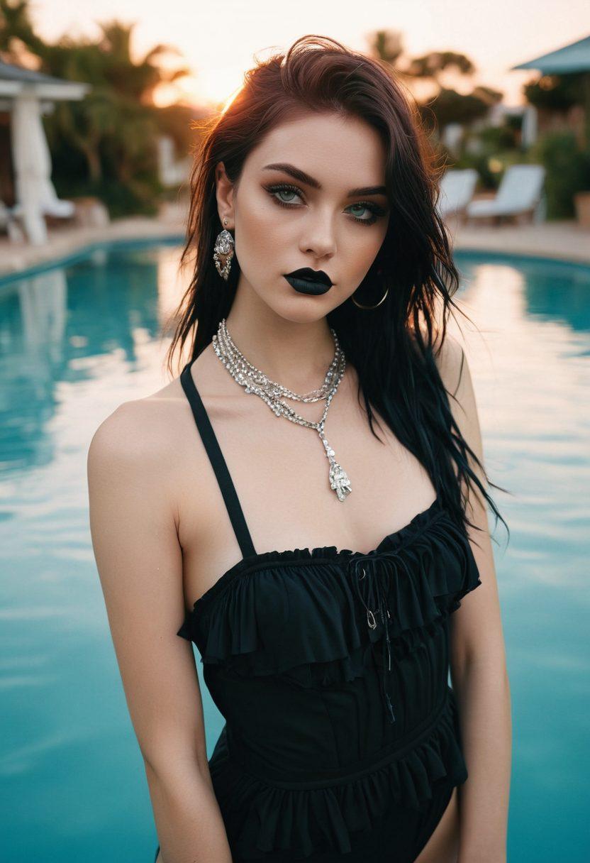 A striking juxtaposition of melancholic emo fashion and elegant swimwear styles. The scene features a model with dark, expressive makeup and layered clothing, gracefully posing by a serene poolside in a chic swimsuit. Elegant accessories like flowing fabrics and moody jewelry enhance the emotional vibe, with soft pastel colors blended with deep hues. Exquisite reflections on the water surface create a dreamlike atmosphere. super-realistic. vibrant colors. sunset backdrop.